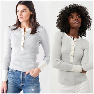 Faherty Light Gray Ribbed Henley Sweater with Ivory Placket